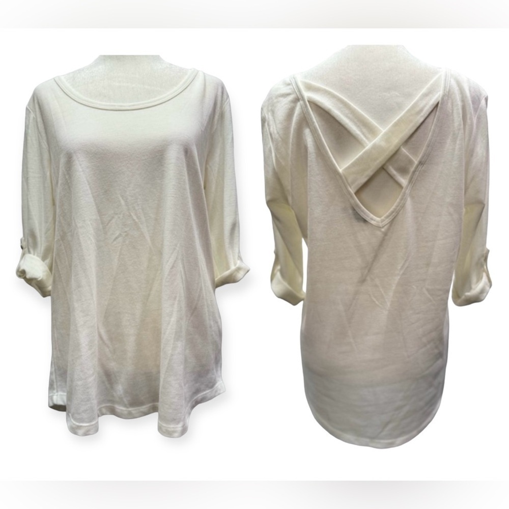 Simply Noelle Ivory Top with 3/4 Tab Sleeves & Crisscross Back Straps S-M